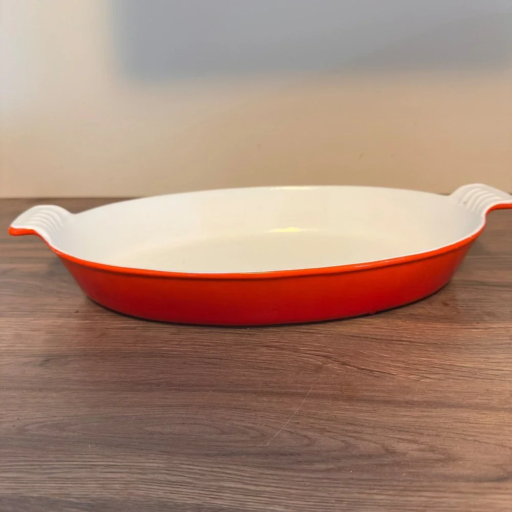 Casron Japan Flame Orange Enameled Cast Iron Oval Au Gratin Baker Dish 15in MCM